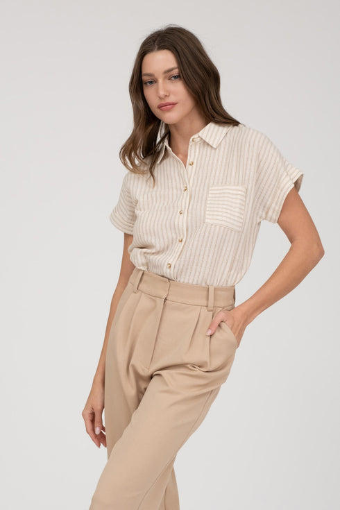 SHORT SLEEVE STRIPED LINEN SHIRT